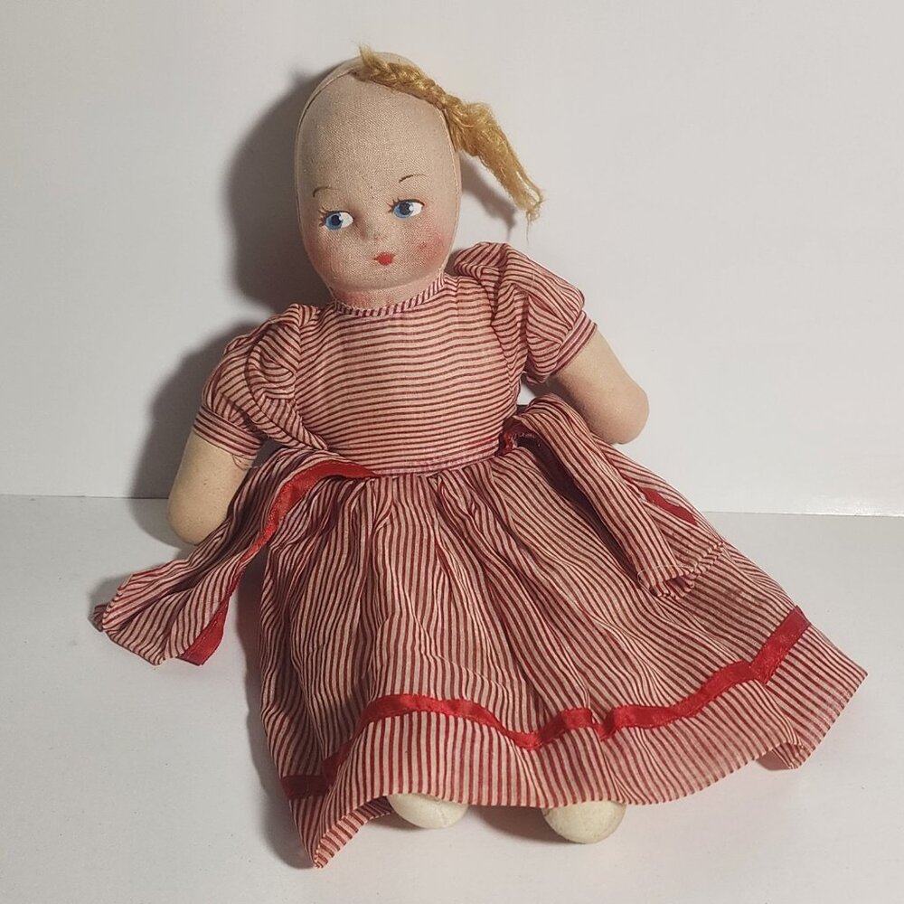 Vintage Antique Handmade Cloth Rag Doll Blonde Yarn Hair Painted Face Red Dress